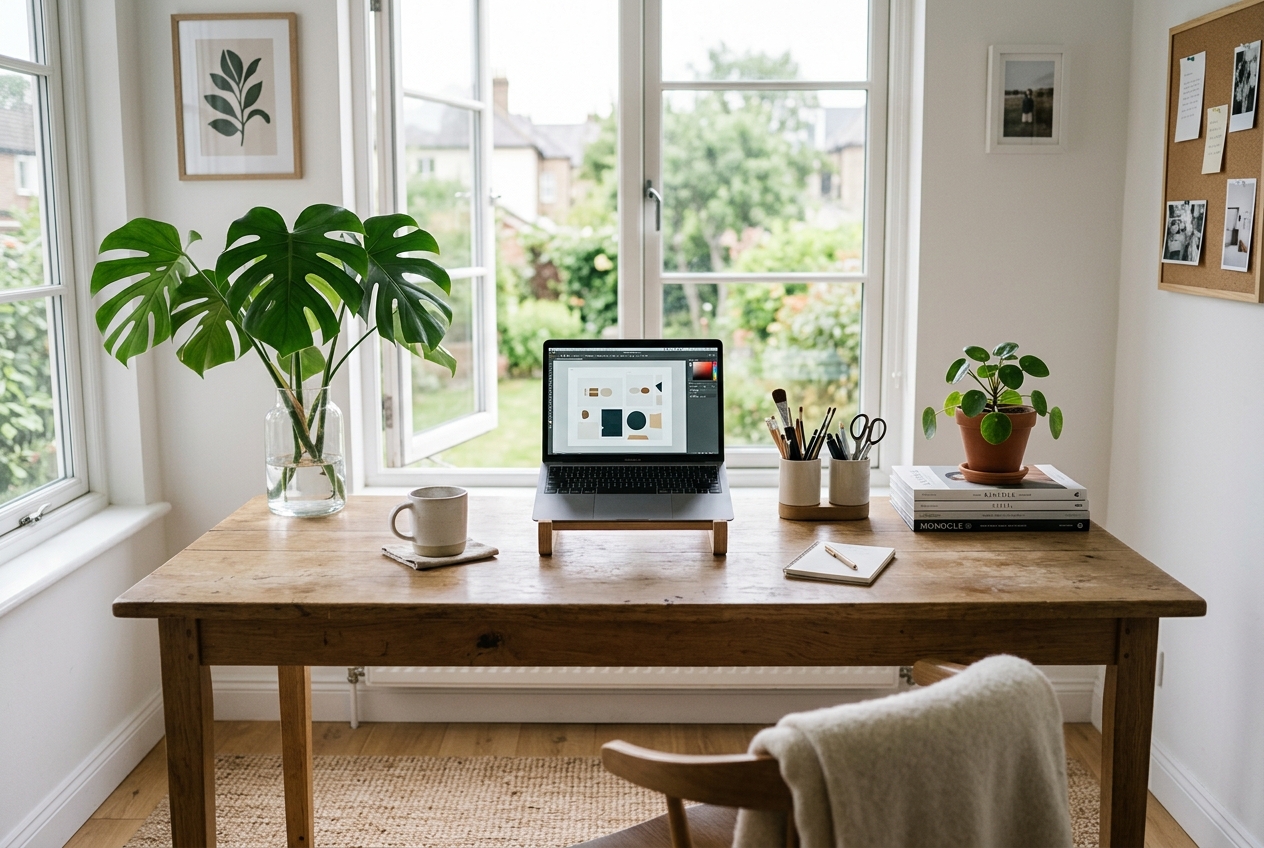 A beautifully organized living space with warm natural light