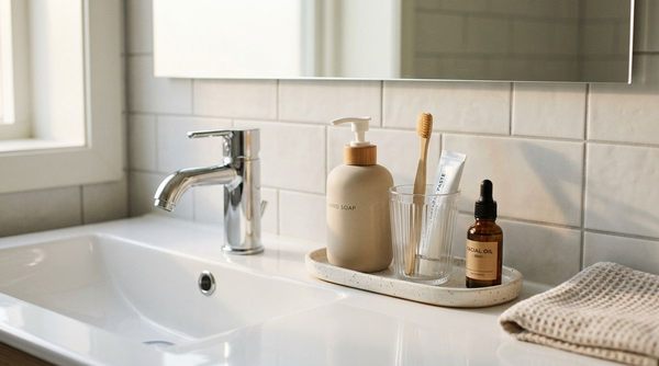 A minimalist bathroom sink countertop with daily essentials neatly grouped on a small stone tray beside the faucet.