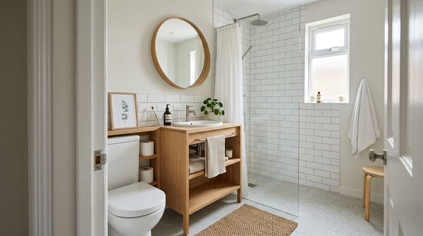 Perspective from a bathroom doorway looking into a calm, balanced small bathroom with a clear focal point.