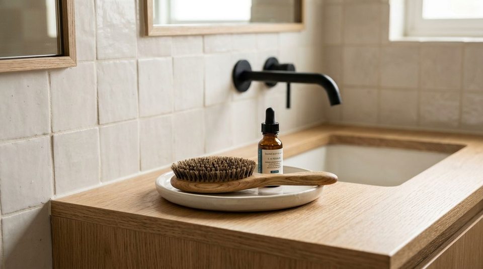 Close-up of a compact apartment bathroom vanity showing a shallow ceramic dish holding a wooden hairbrush and serum bottle beside the faucet.