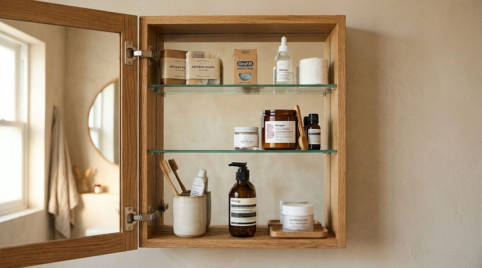 An open wooden bathroom medicine cabinet showing three clear vertical storage tiers: daily essentials on the bottom shelf, weekly products in the middle, and backup supplies on top.