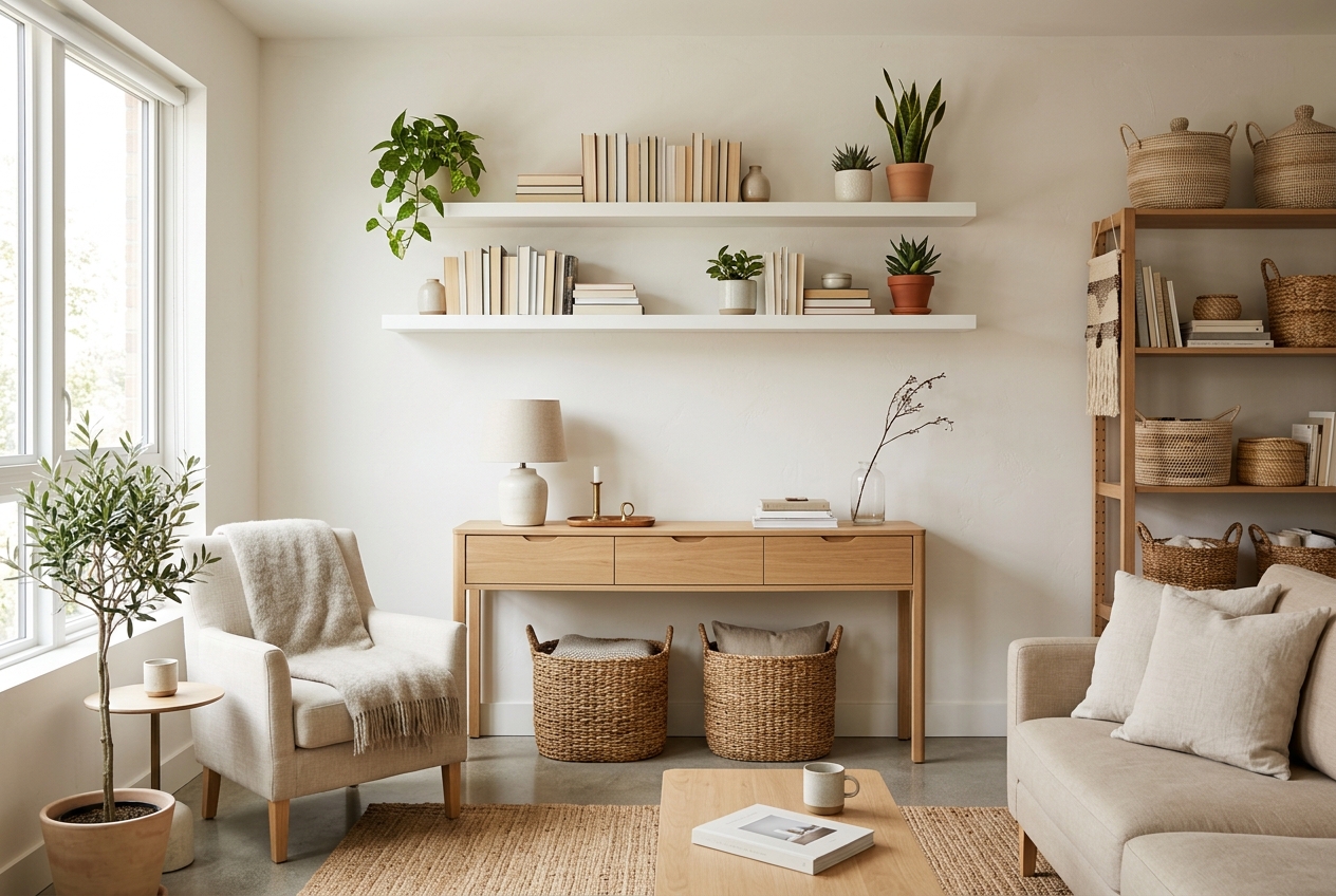 Small apartment with creative storage solutions and multi-functional furniture