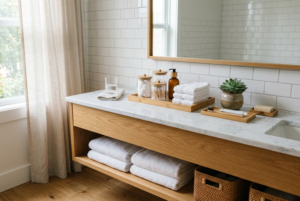 Clean bathroom with organized toiletries and towel storage
