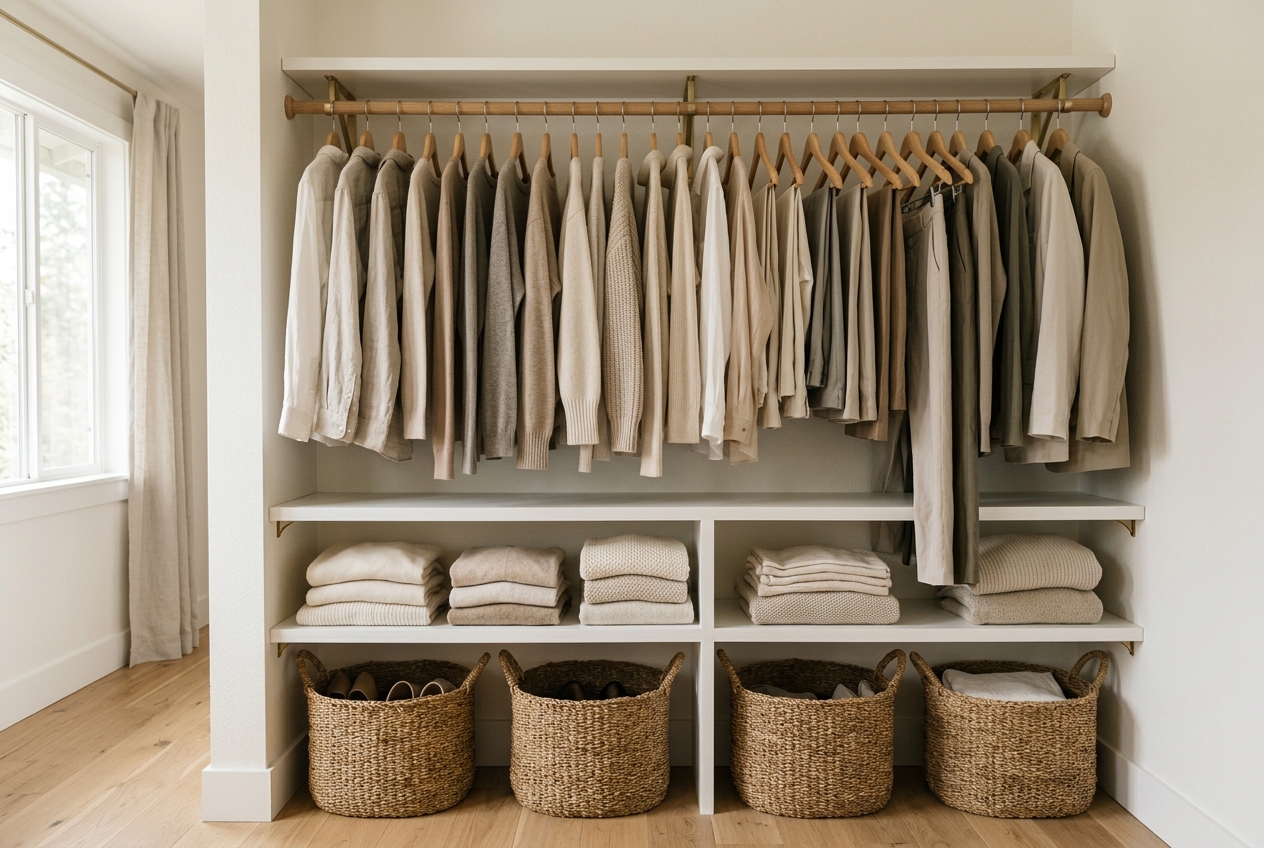Neatly organized closet with coordinated hangers and storage bins