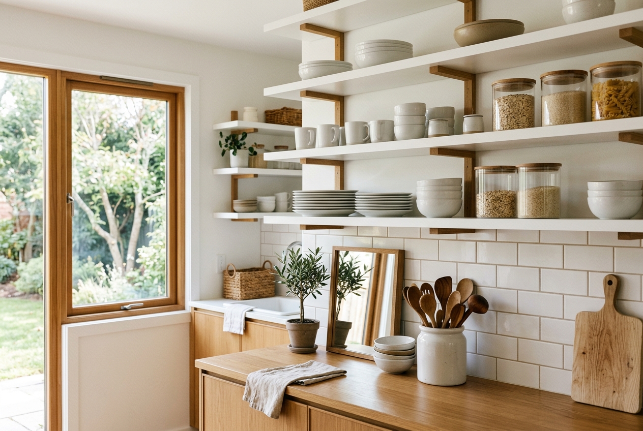 Organized kitchen with neatly arranged cabinets and countertops