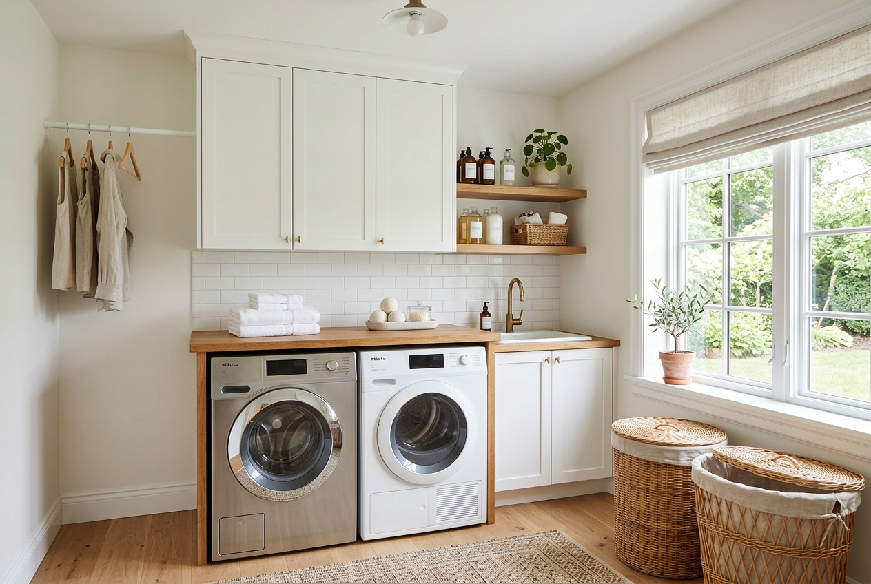 Organized laundry area with sorting bins and shelving