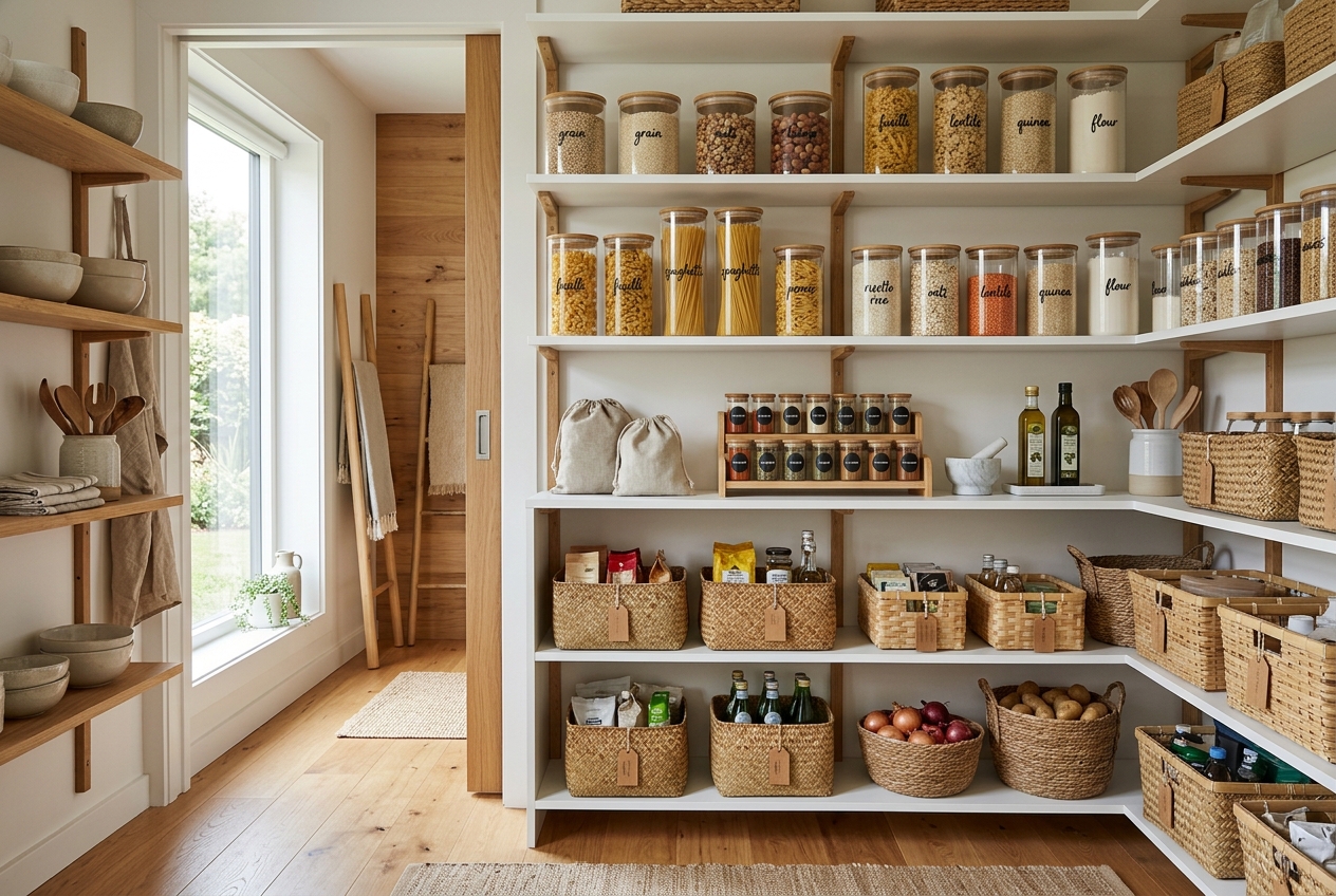 Well-organized pantry with labeled bins and clear containers