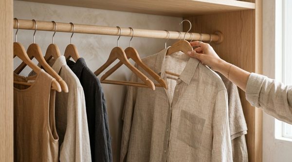 Close-up of a hand smoothly selecting a linen shirt from a wooden closet rail with modest breathing room and empty wooden hangers acting as natural spacers.