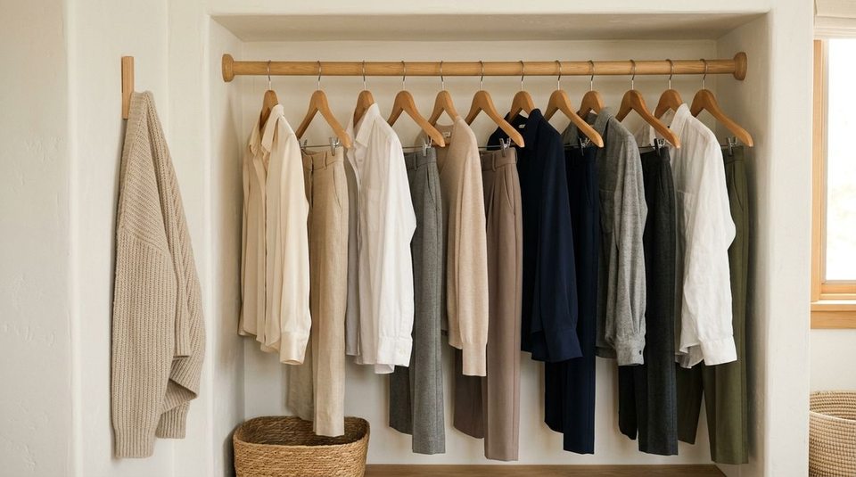A close-up of a compact wooden closet rail showing matching work blouses and trousers grouped in close proximity with breathing room and an adjacent wooden hook for rewear clothes.
