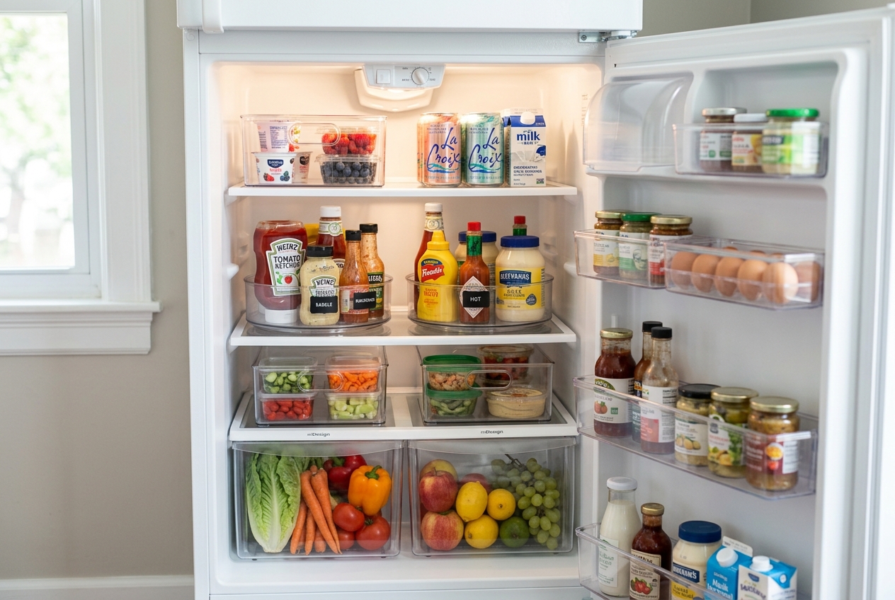 A small apartment refrigerator organized with clear bins and a lazy susan to keep all food perfectly visible.