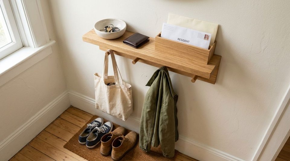 Close-up of an organized apartment entryway shelf showing a key dish and wallet for Carry, an envelope box for Sort, and wall pegs with tote and jacket for Wear.
