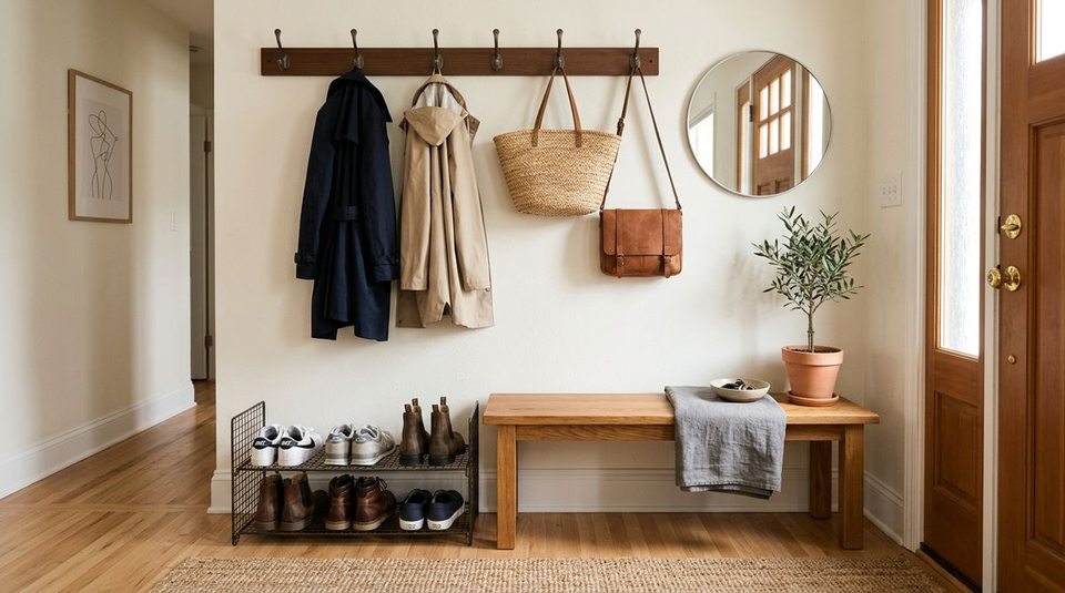 A small apartment entryway organized with wall hooks for hanging, a wooden bench for sitting, and shoe racks for storage.