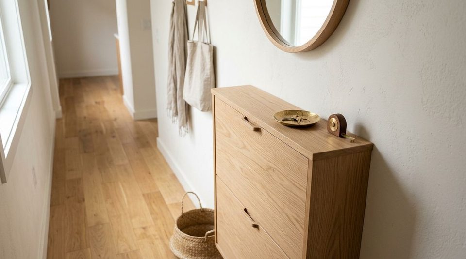 A slim wall-mounted light oak shoe cabinet under 10 inches deep mounted against an entryway wall, preserving an open hallway.