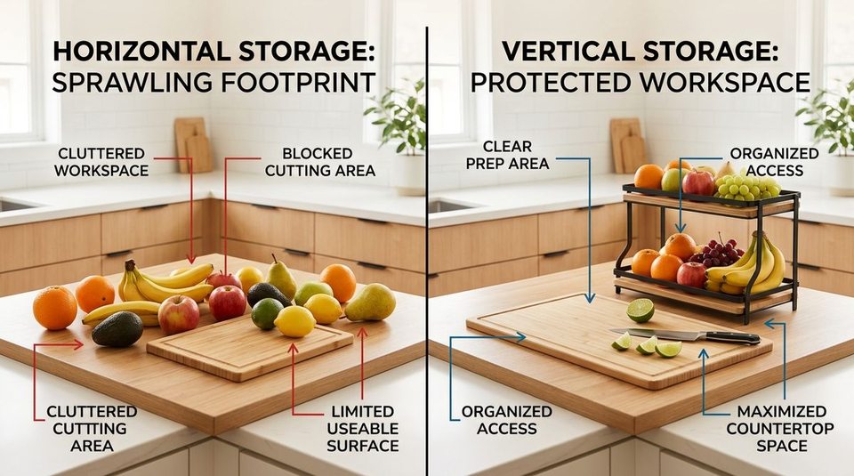 Comparison diagram showing horizontal fruit sprawl blocking a cutting board versus vertical tiered storage preserving open kitchen counter workspace.