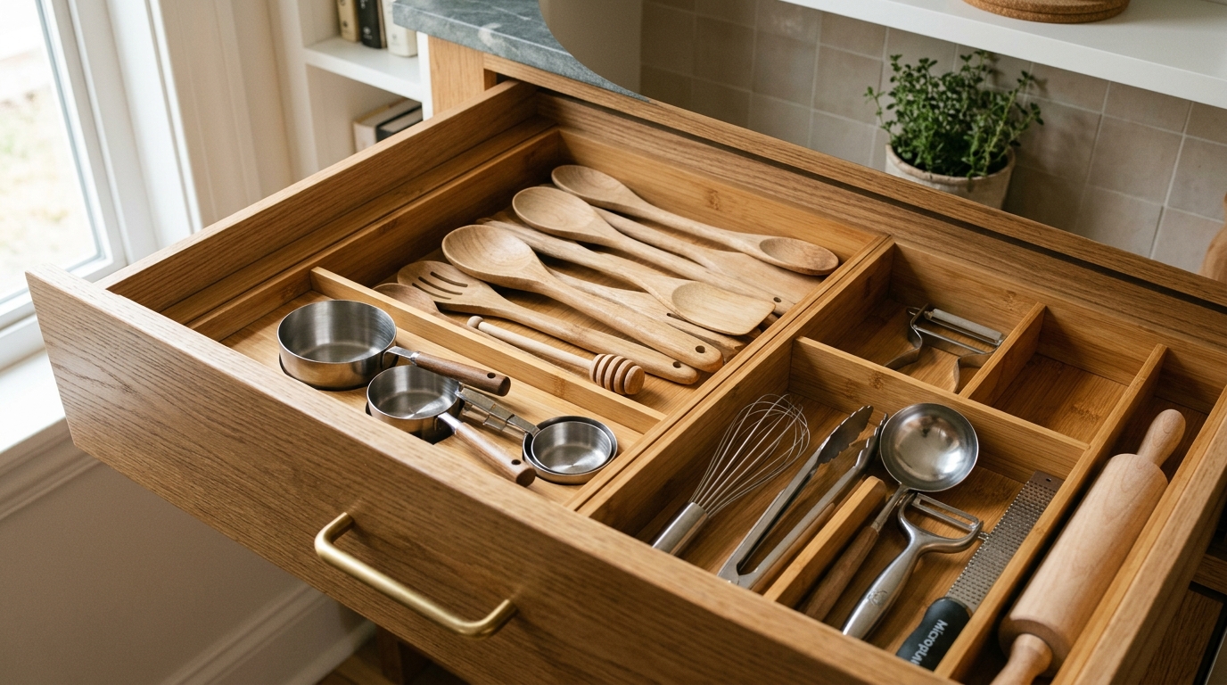 Organized kitchen cabinet drawer showing neat bamboo dividers and cooking utensils