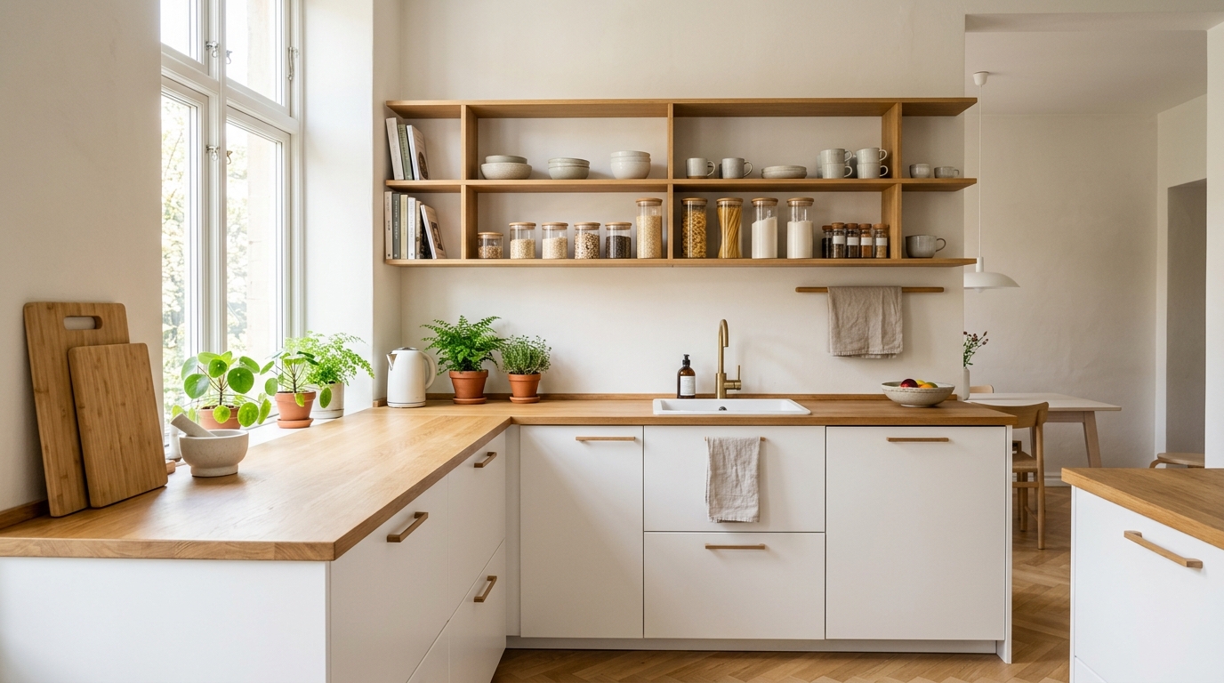 A beautifully organized, sunlit living space with clean shelves and natural textures