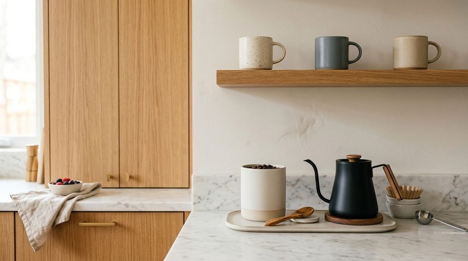 A dedicated point-of-use morning coffee station on a kitchen counter featuring a ceramic bean canister, pour-over kettle, and wooden floating shelf with ceramic mugs.