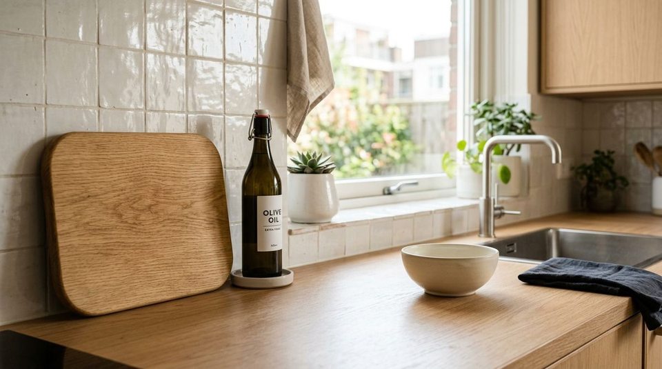 A clean, organized apartment kitchen counter showing a cutting board resting upright against the backsplash, olive oil sealed on a coaster, and an open workspace.