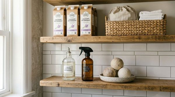 Organized laundry room shelf showing active everyday supplies in easy reach on the lower shelf, with backup cartons and extra supplies stored above.
