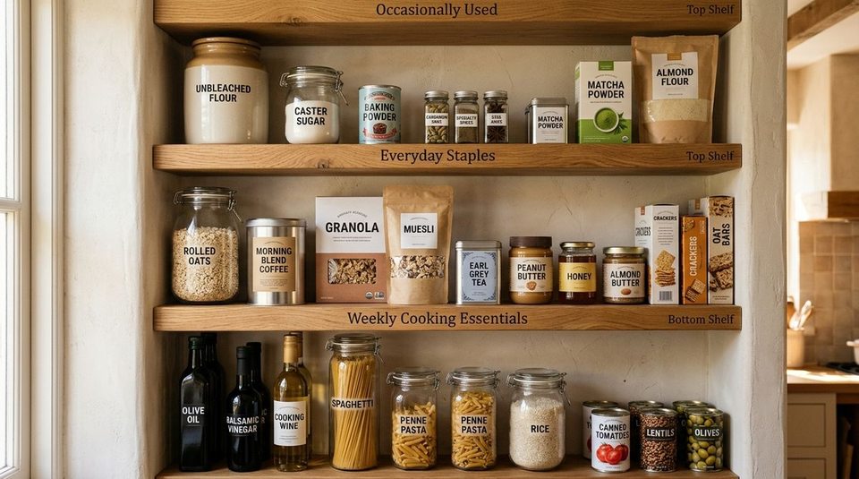 Three wooden pantry shelves organized by frequency of use: Occasional baking on top, Everyday breakfast in the middle, and Weekly cooking on bottom.