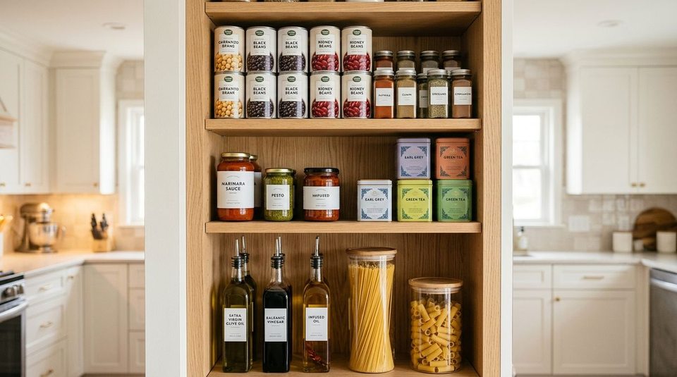 A vertical pantry shelving diagram demonstrating height matching: tall olive oil bottles and pasta canisters on bottom, medium sauce jars in middle, and short canned goods on a compact top shelf.