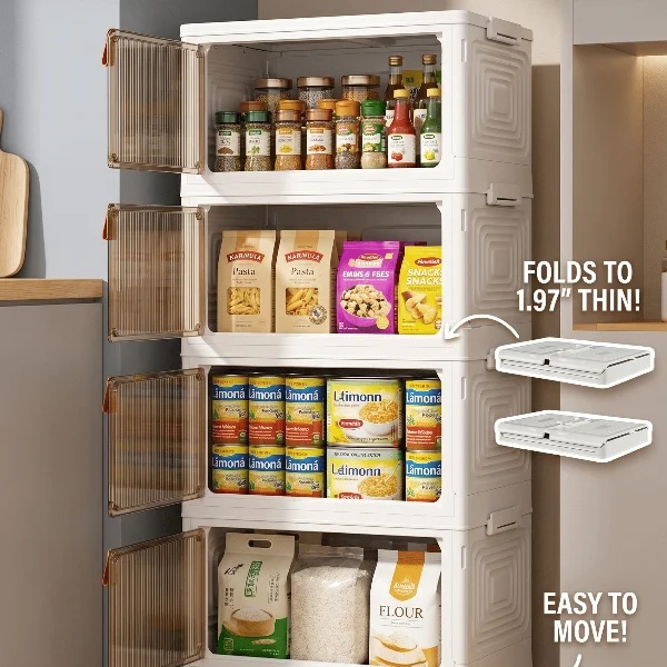 Stackable Collapsible Pantry Storage Bins with Front Doors
