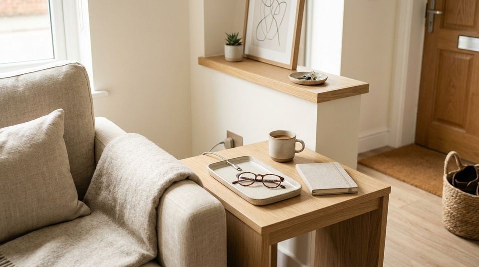 A serene living room nook showing a small side table holding reading glasses and a discreet phone charger right next to the armchair where they are used.