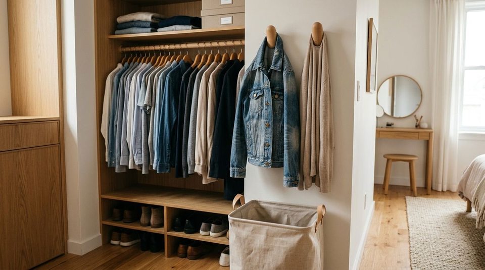 A well-organized closet dressing area showing clean clothes on hangers, a 2-hook rewear zone for worn-once layers, and a laundry hamper below.