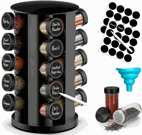 360 Rotating Countertop Spice Rack Tower with 20 Glass Jars