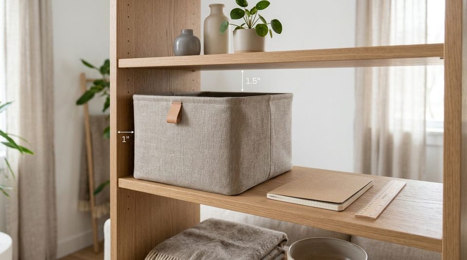 Close-up of a well-measured storage shelf showing a neutral fabric bin with precise 1-inch side clearance and 1.5-inch top clearance.