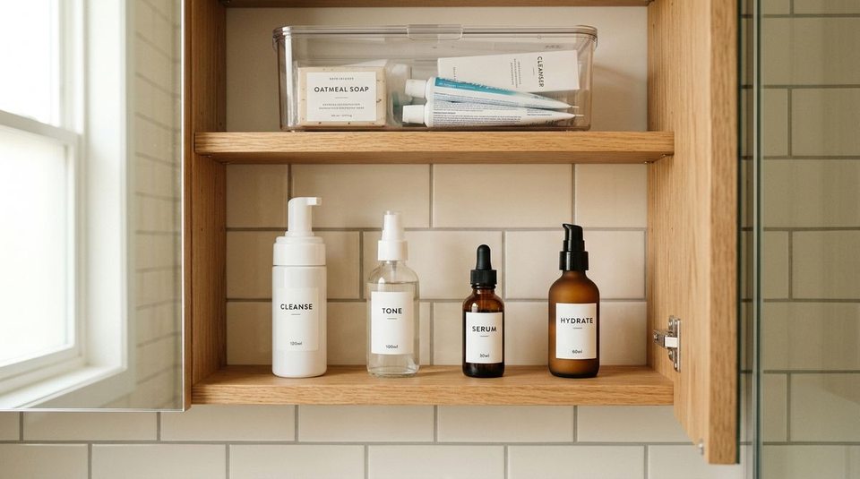 A close-up of a small apartment bathroom medicine cabinet showing four active daily skincare bottles on the lower shelf with breathing room, and a clear bin of unopened backups on the upper shelf.